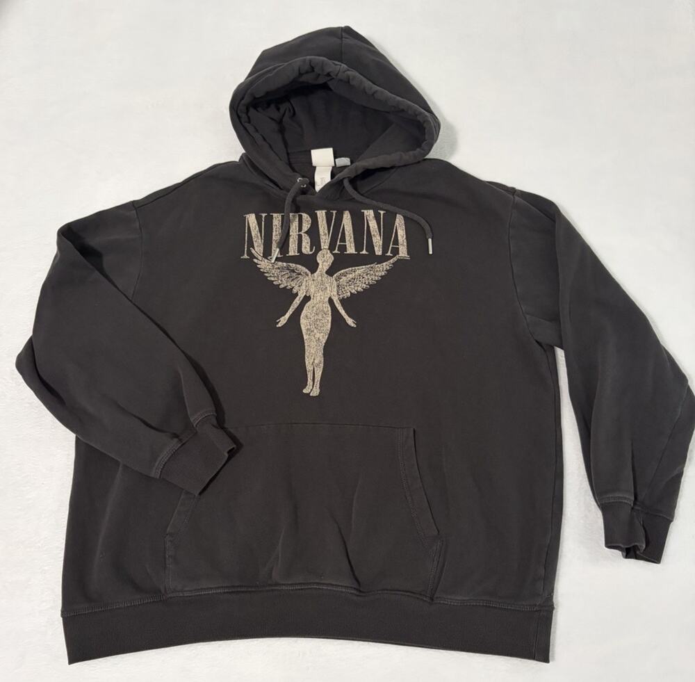 H&M Hoodie Men’s Large Black Nirvana Graphic Grunge Band Pullover Angel Print